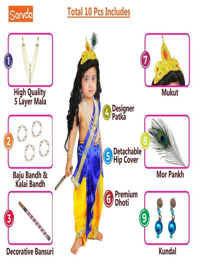 Sarvda Brocade Shree Krishna Dress For Baby Boy & Radha Dress For Girls | Janamashtami Dress | Fancy Dress Costume With Accessories Dhoti, Dupatta, Mukut Flute Complete Set, Ethnic Wear - Image 4